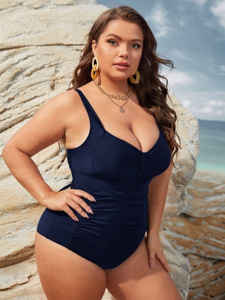 

plus ruched cut-out back one piece swimsuit p2d4#, Black