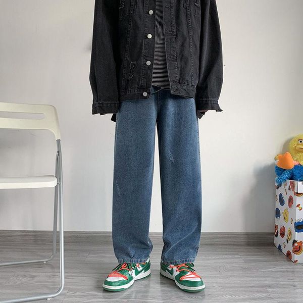 

korean wide-leg jeans men's fashion retro harajuku men streetwear loose hip-hop straight-leg denim trousers mens -2xl, Blue