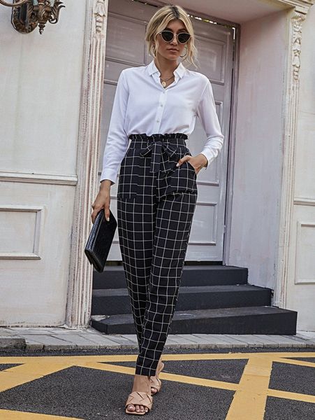 

knotted paperbag waist grid print pants l7vl#, Black;white