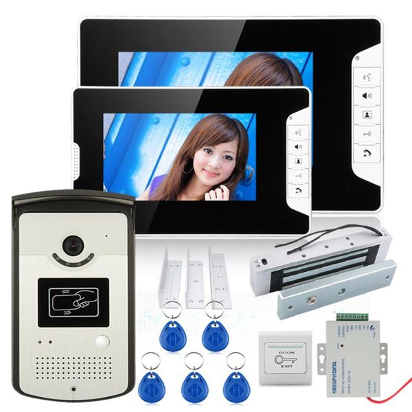

7" color video door phone intercom system with 2 monitor 1 rfid hd doorbell 1000tvl camera +electric magnetic lock 180kg phones