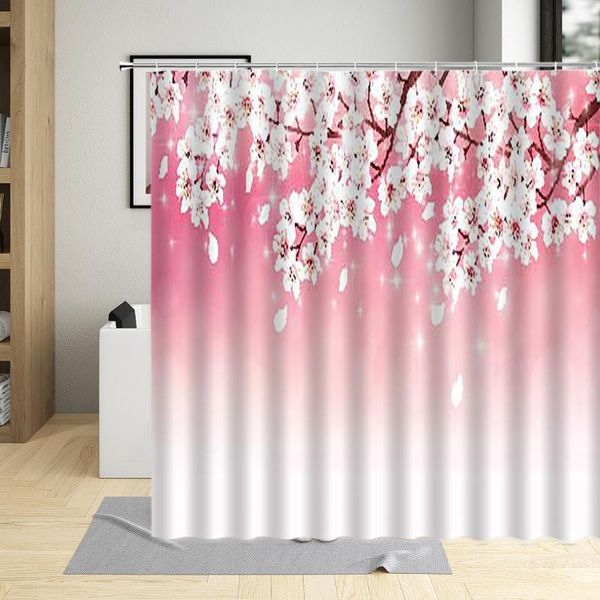 

shower curtains pink flower curtain sakura plant scenery white background pattern bathroom polyester cloth hanging sets