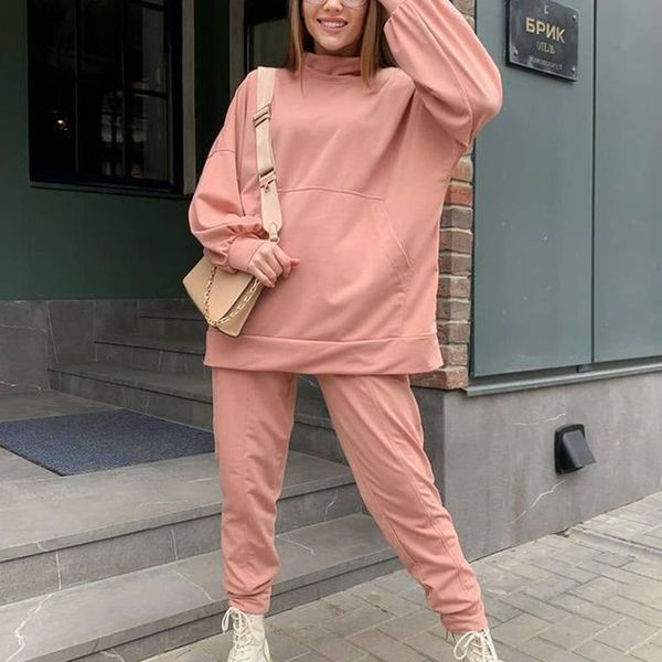 

women's two piece pants fashion solid sport suits women elegant loose turtleneck pullover tshirts suit casual ankle length ladies, White