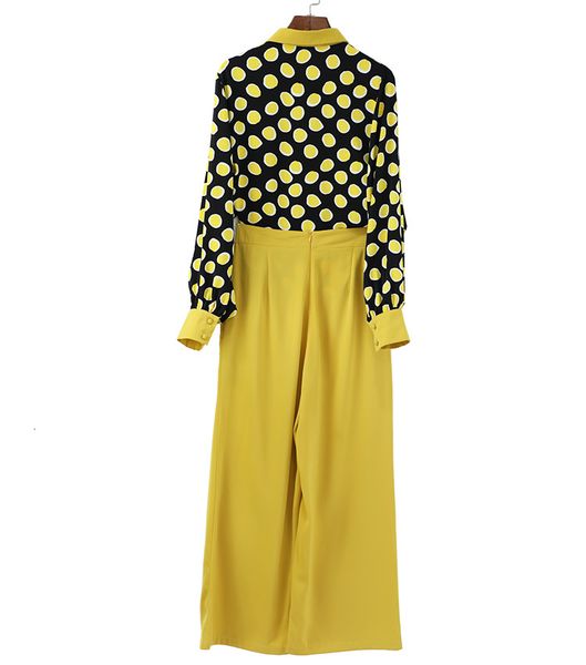 

shorts women's set summer fashion ladies turn-down collar polka dot print shirt +high waist split yellow pants, White;black