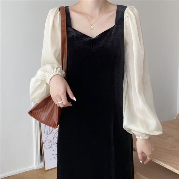 

casual dresses french style vintage black velvet dress autumn lantern sleeve designer korean fashion women elegant midi-calf, Black;gray