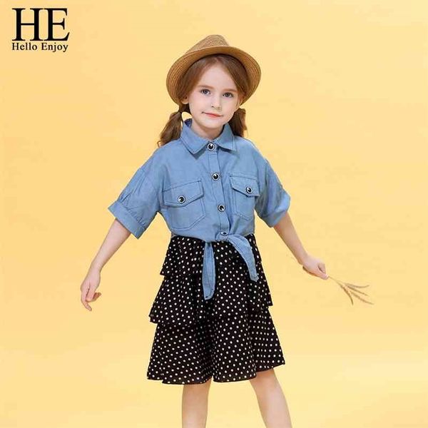 

he hello enjoy girls clothes sets summer teenagers dot sling princess dress +denim blouse 2pc kids big girl dresses 4 10 12 210326, White