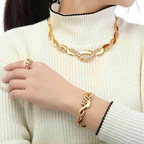 

factory outlet brand necklace wind exaggeration metal diamond jewelry set earring ring bracelet four piece set tassel pendant, Silver