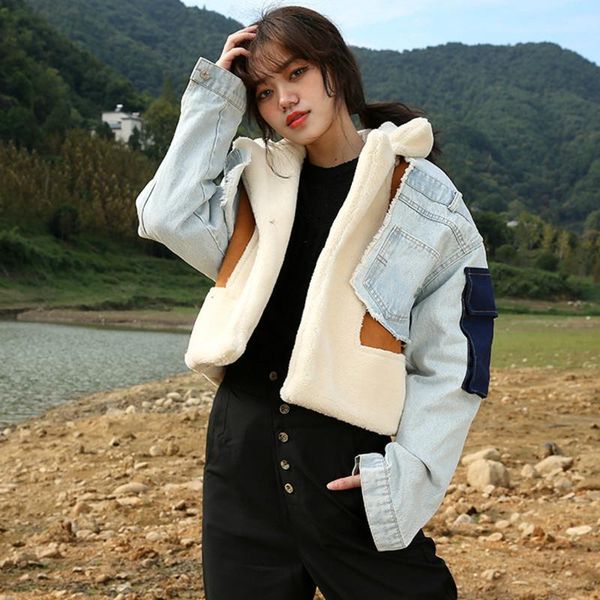 

women's jackets [ewq] patchowrk lambswool denim jacket wool liner wde waisted turn down collar women patchwork coat 2021 autumn winter, Black;brown