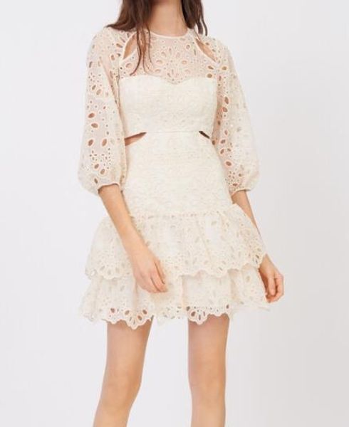 

2021 summer autumn half sleeve round neck beige dress french style solid color lace panelled hollow out backless short dresses g127028, Black;gray