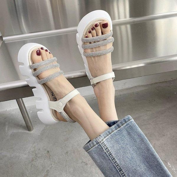 

sandals open toe rhinestone low-heeled shoes with strap suit female beige 2021 summer muffins shoe peep comfort fashi, Black