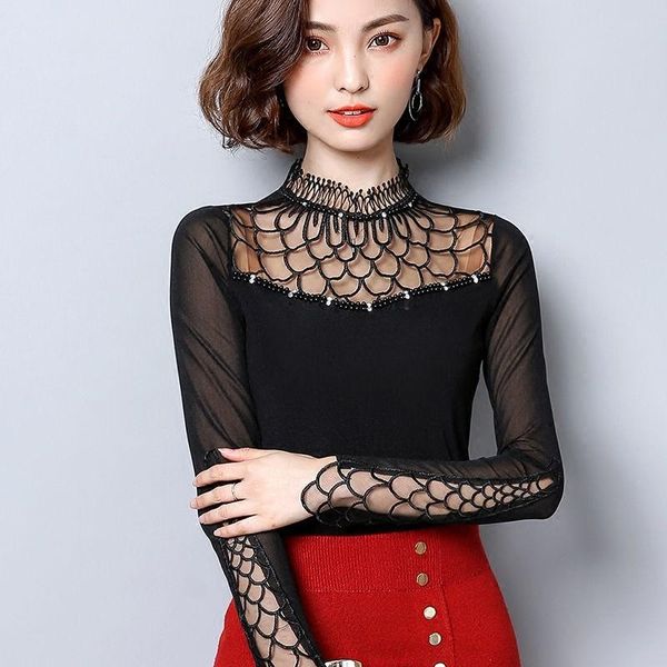 

women's blouses & shirts autumn blouse shirt arrivals 2021 fashion casual long sleeve turtleneck mesh hollow out plus size blusas, White