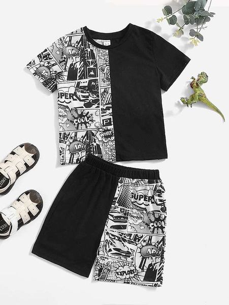 

toddler boys pop art print spliced tee & shorts she, White