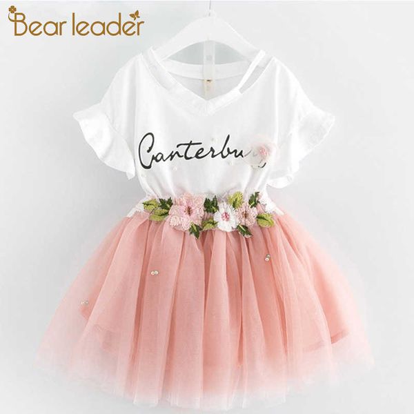 

bear leader baby girls solid children's sets girls sweet sets ruffle collar and ball gown mesh princess outfits 210708, White