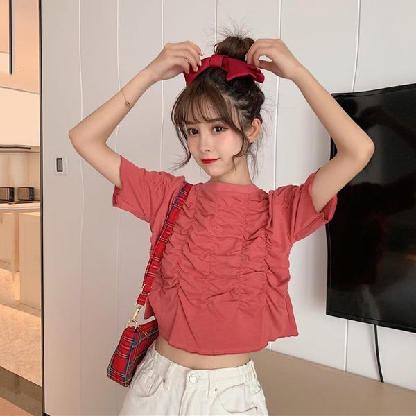 

solid o-neck short sleeve casual tee sweet style loose t shirt for women clothing korean folds ladies summer fashion brand women's t-s, White