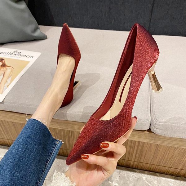 

dress shoes women pumps 2021 fashion red female high heels solid blue womans wedding pointed-toe ladies party heeled, Black