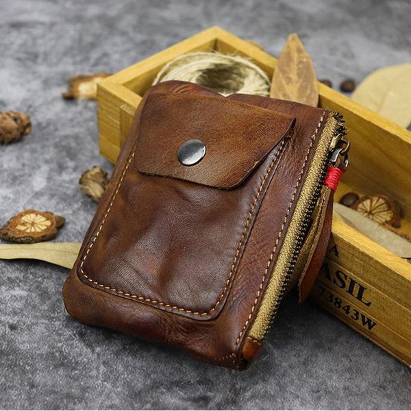 

genuine leather coin purse vintage mini zipper wallets case storage bag card holder pocket for men women, White