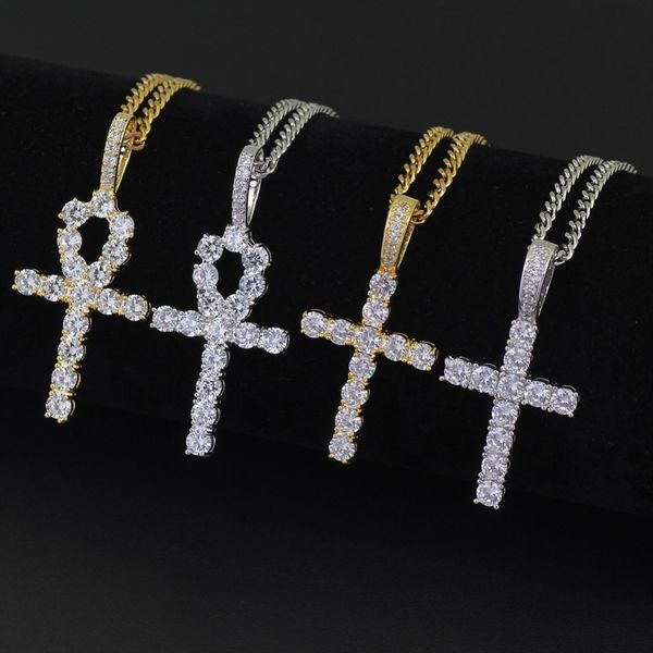 

iced out pendant necklace mens gold hip hop anka cross necklaces jewelry with 3mm cuban link chain, Silver