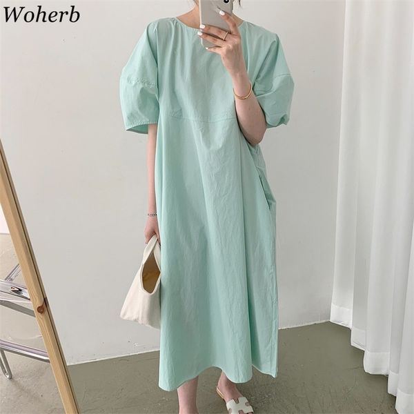 

korean solid women long dress summer puff sleeve o-neck casual all match shirt dresses fashion vintage vestidos 210519, Black;gray