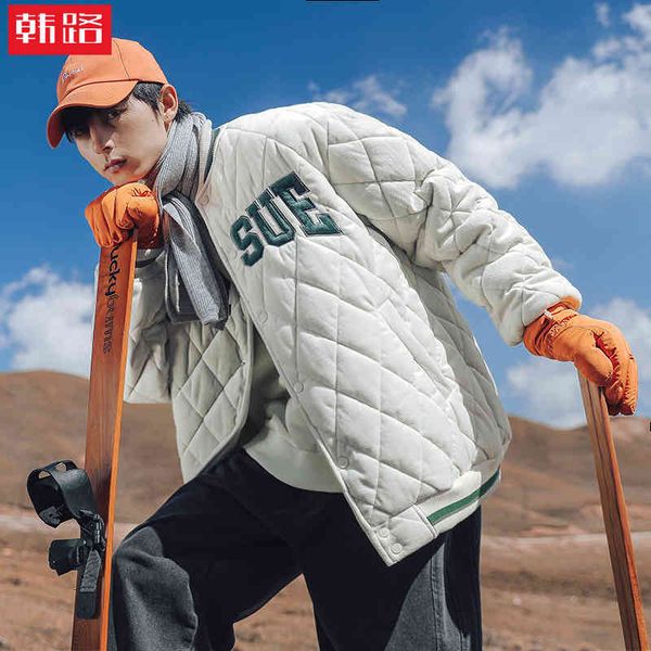 

hanlu menswear 2021 winter new men's loose letter embroidery trend baseball cloth cotton coat, Black;brown