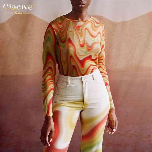 

clacive bodycon printed o neck ladies tshirt fashion y2k stripe long sleeve women tshirt casual slim knitited female summer 210722, White