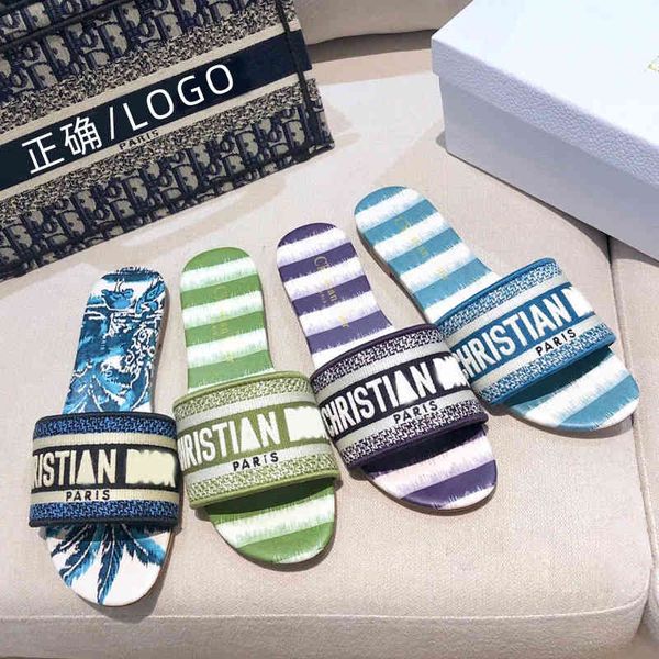 

2021 summer new d family casual wear one word with embroidery letters comfortable stripe sandals flat slippers female q8q9 zmm, Black