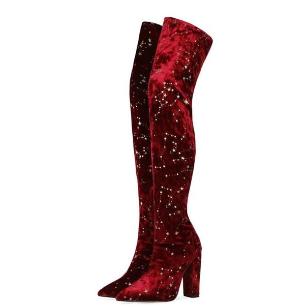 

boots wine red black beauty women winter over knee high pointed toe chunky heels suede surface outdoor shoes