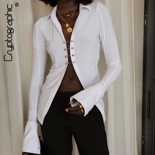 

cryptographic turn-down collar fashion cardigan blouse shirts elegant breasted women blouse flare sleeve white blusas, Black;white