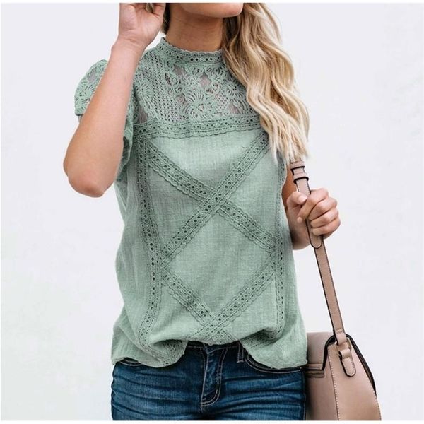 

plus size 4xl 5xl shirt blouse female spring new o-neck half sleeve lace splice print boho women shirt 210317, White