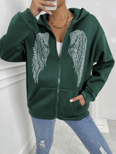 

rhinestone wings pattern drop shoulder hoodie s5fd#, White;black