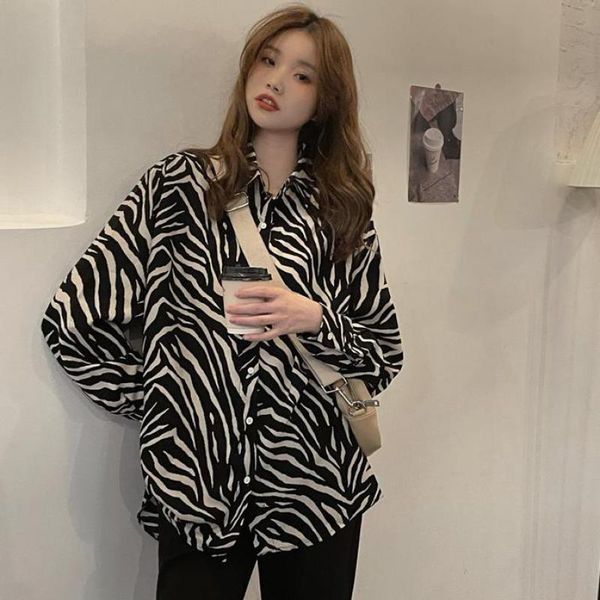 

women's blouses & shirts women vintage zebra striped print casual loose chiffon blouse office lady retro long sleeve shirt chic blusas, White