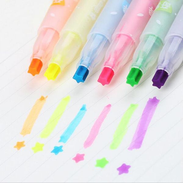 

highlighters 6 pcs/lot color highlighter pen star marker fluorescent drawing for reading book stationary office material school supplies, Black;red