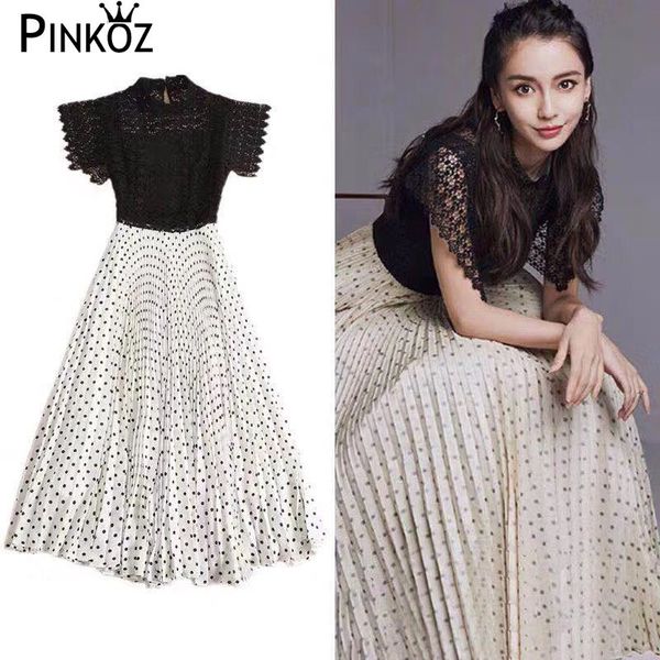 

runway designer style patchwork lace hollow out mesh dot print dress elegant party midi vestidos 210421, White