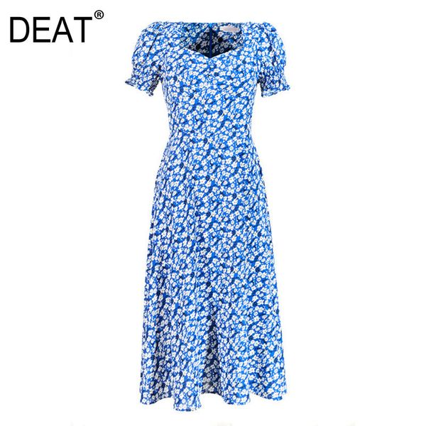 

[deat] summer new fashion tide square collar high waist knee-length printing short sleeve loose elegant dress women 13q042 210430, Black;gray