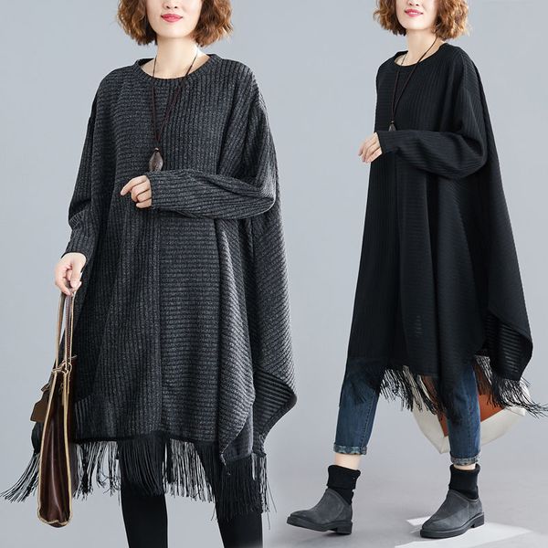 

extra large dress autumn loose vintage long female knitting gown casual sleeve f2880 mio5, Black;gray