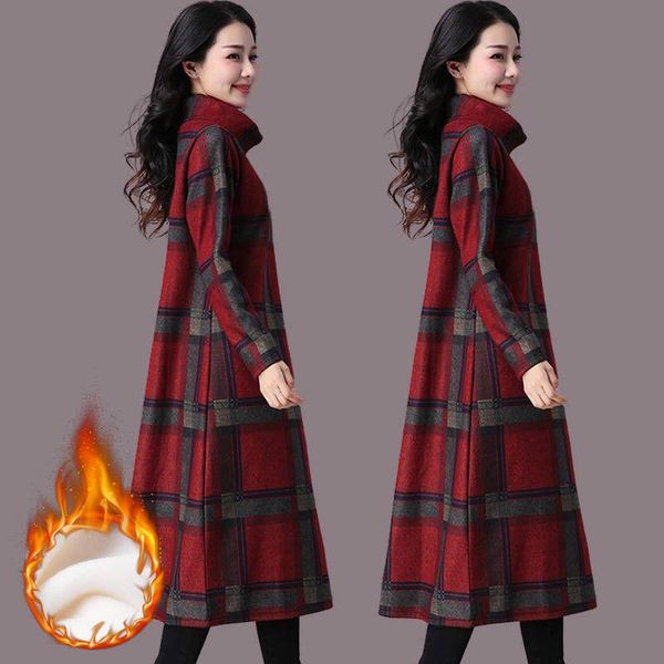 

autumn and winter ladies explosion models fashion casual loose large size high collar plus velvet plaid wool dress tide dresses, Black;gray