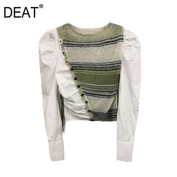 

[deat] spring fashion single-breasted splicing knitting long sleeve round neck personality women shirt 13c458 210527, White