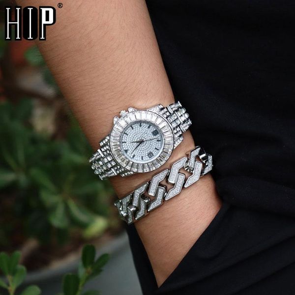 

link, chain hip hop 2pcs/set full rhinestone bling iced out men's bracelet watch baguette pave cuban link bracelets for men jewelry, Black
