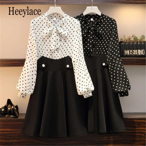 

5xl plus size women elegant dress autumn 2019 fashion bow collar long sleeve polka dot pachwork ladies a-line dresses y1006, Black;gray