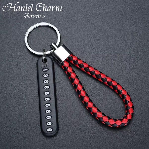 

keychains anti-lost car keychain phone number card keyring leather bradied rope auto vehicle key chain holder accessories gift for husband, Silver