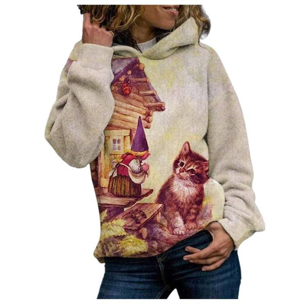 

women's hoodies & sweatshirts fashion women o-neck long sleeve cat print casual sweatshirt streetwear autumn sudadera mujer, Black