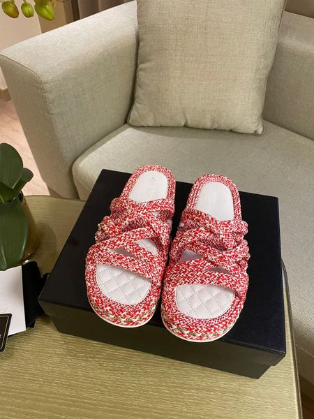 

open-toe hemp rope flat slippers women's orange red interweaving platform sandals size 35-40, Black