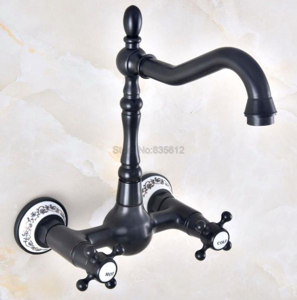 

black oil rubbed bronze bathroom kitchen sink faucet mixer tap swivel spout wall mounted dual cross handles tnf472 faucets