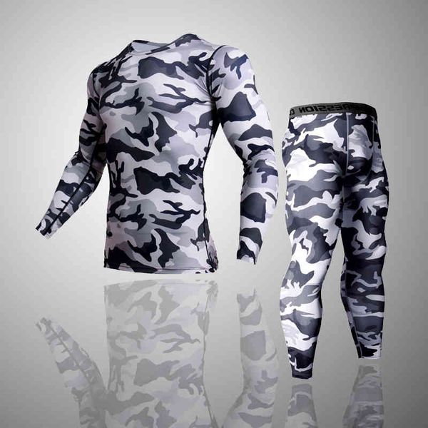 

mma men's comprsion sportswear, long sve t-shirt, rashgard kit, camouflage sweatshirt and tights, thermal fitns underwear, 2-piece set, Gray