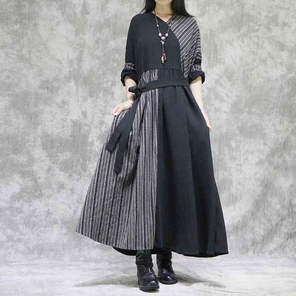 

johnature women vintage patchwork long sleeve dresses bandage robes spring v-neck cotton linen dresses 210521, Black;gray