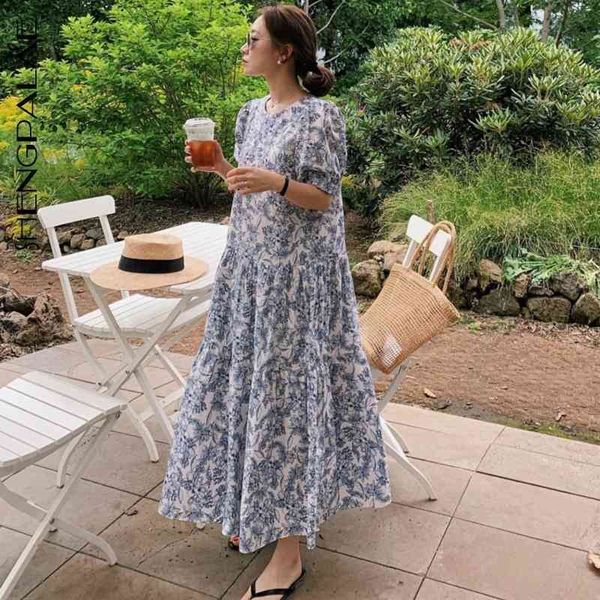 

shengpalae new summer women vintage loose high waist slim was thin elegant sketch printing puff sleeve maxi dress za4861 210325, Black;gray