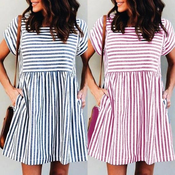 

casual dresses mini dress for women stripes print short sleeve loose summer with pockets 2021, Black;gray