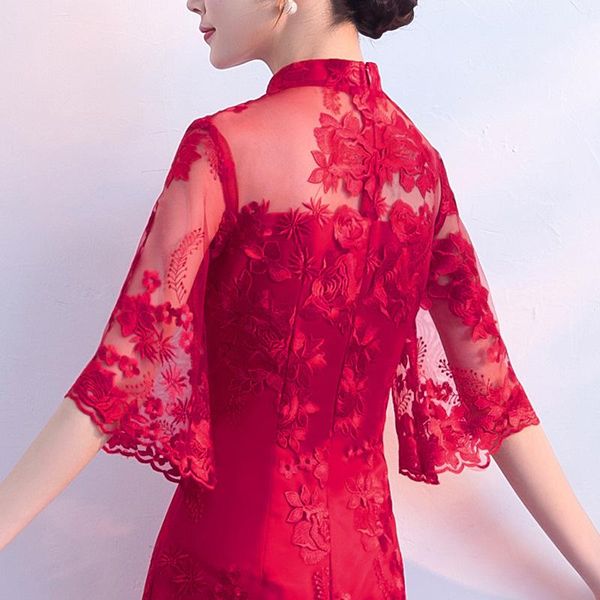 

female lace hollow out cheongsam chinese bride wedding toast clothing classic mandarin collar qipao oversize xxxl ethnic, Red