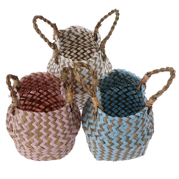 

rattan belly straw flower pot wave pattern planter laundry basket home garden foldable handmade seagrass storage wicker baskets