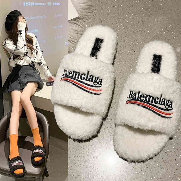 

letter embroidered one line wool slippers women wear 2022 new net red lamb wool sandals outside in autumn and winter, Black