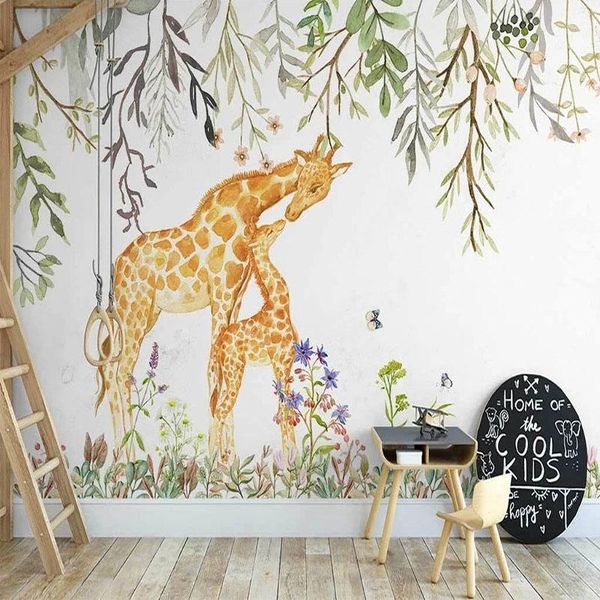 Papéis de Parede Po Papel de Parede Nordic Ins Pintados à Mão Flores Românticas Girafa Cute Girafa Quarto Children Background Fotomural 3D Home Decor