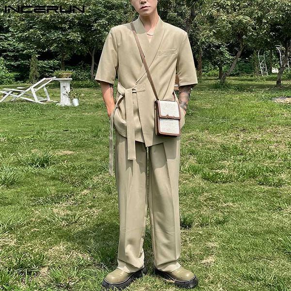 

men's tracksuits incerun fashion men sets solid color streetwear half sleeve lace up blazer & pants 2021 elegant casual suits 2 pieces, Gray